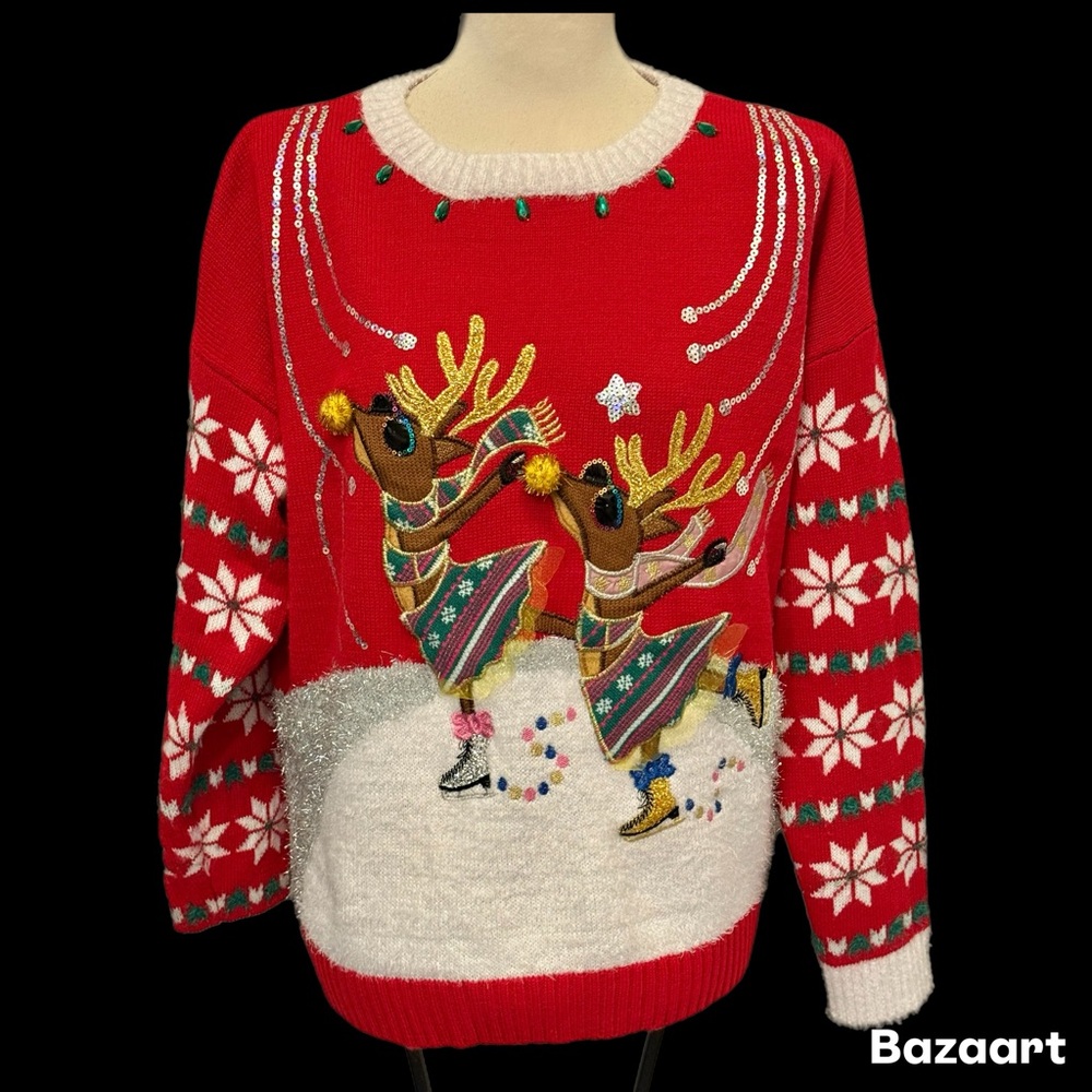 Christmas Sweater Ice Skating Reindeer Size XL Whimsical Colorful Ugly Party